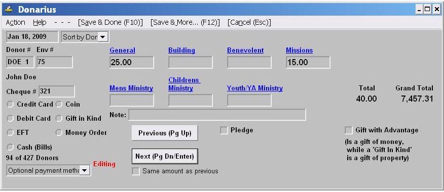 Donation Entry/Edit Window