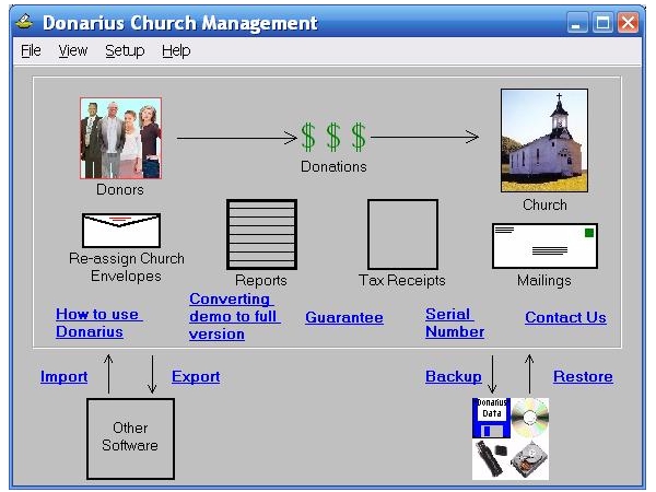 Church management software to track members, contributions, pledges and more. Donarius prints tax receipts (or sends them as PDFs), color photo directories, mailing labels/envelopes and many reports. Prints your own offering envelopes.